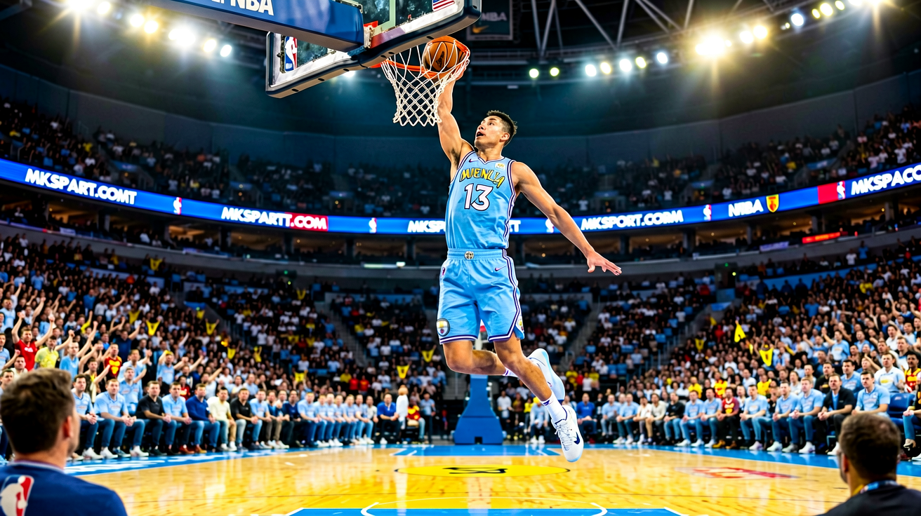NBA篮球比赛现场，球员腾空扣篮瞬间，球场灯光聚焦